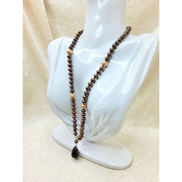 Vintage Sterling Silver Chocolate & Peach Pearl Beaded Necklace With Teardrop Gl - Picture 3 of 4